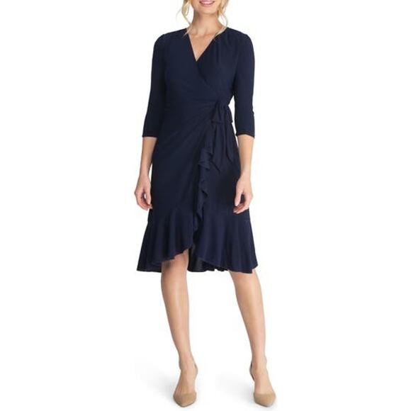 Kiyonna Womens Whimsy Wrap Dress Plus Sz 1X (14-16) Navy Blue Ruffle Made in USA - Picture 1 of 9